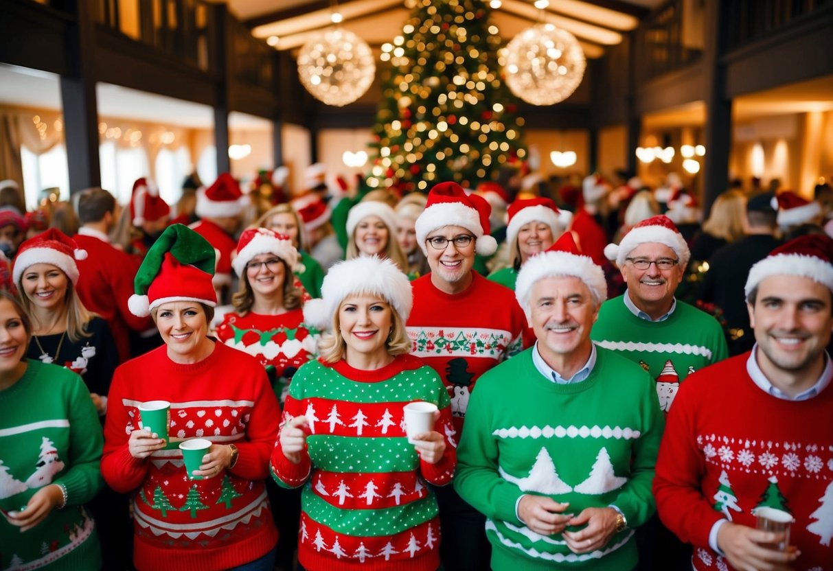 En folkmassa i fula jultröjor tävlar om titeln fulaste tröja på en festlig julfest