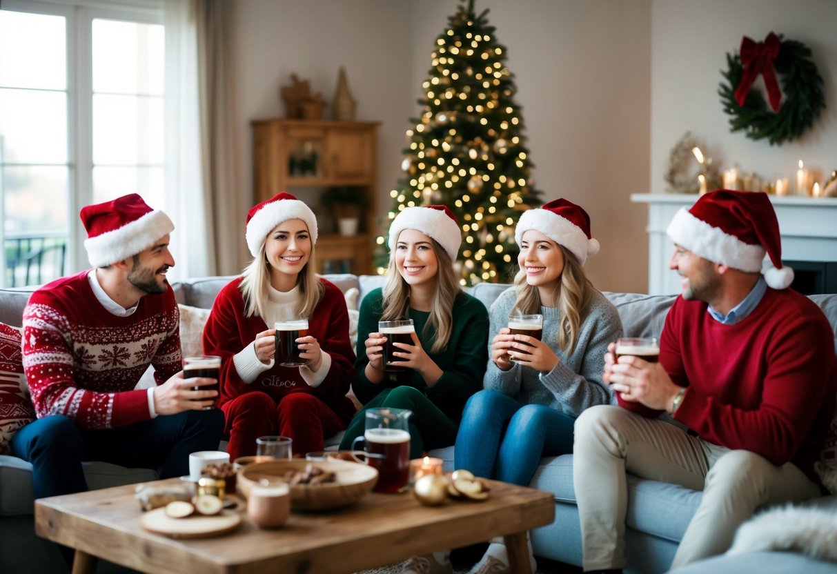 En mysig vardagsrum fylld med vänner som njuter av glögg klädda i stiliga och bekväma julkläder