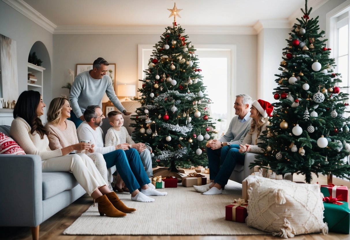 En mysig vardagsrumsscen en familj samlad runt en vackert dekorerad julgran klädd i bekväma men eleganta semesterkläder