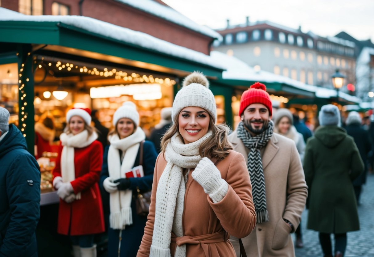 En festlig vintermarknad med människor klädda varmt och stilrent i julkläder